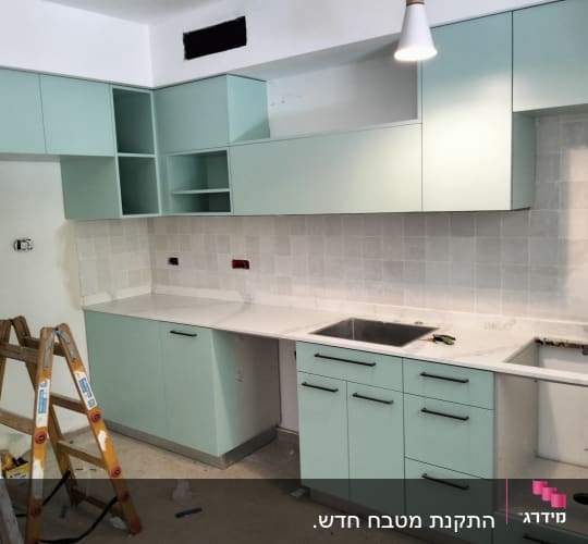 מטבח עם ארונות ירוקים, כיור ומשטח עבודה